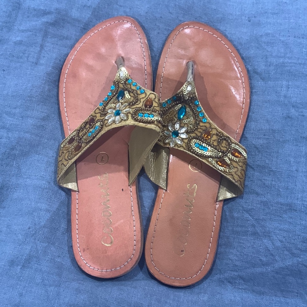 Coconuts Beaded Cognac Thong Cognac Flat Sandal Size 7